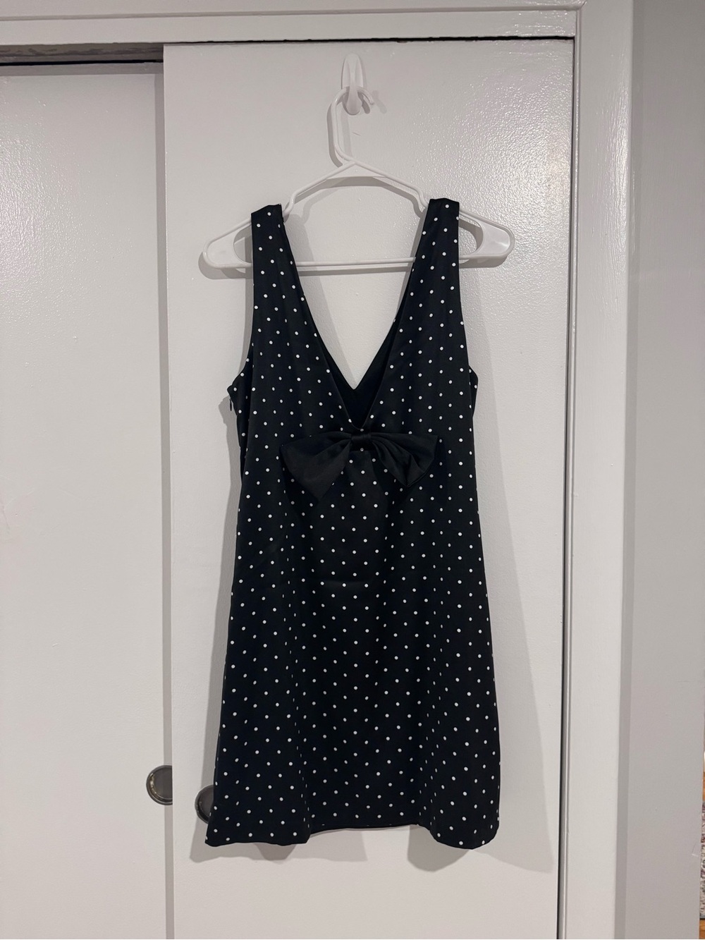 Wayf Black Polka Dot V-Neck Mini Dress with Bow